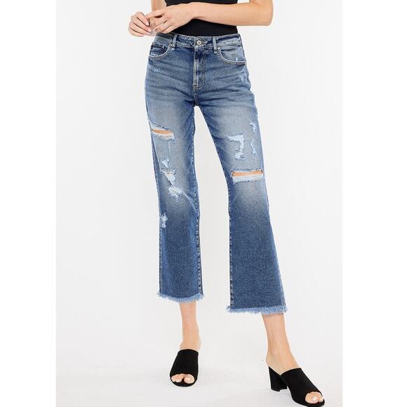 Kancan Straight Ankle High Rise Ripped Frayed Raw Hem Jeans Size 32 - Picture 1 of 6
